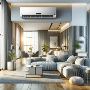 DALL·E 2024 05 13 16.22.19 An image of a modern energy efficient air conditioning unit installed in a stylish living room. The design is sleek and minimalistic integrating smo